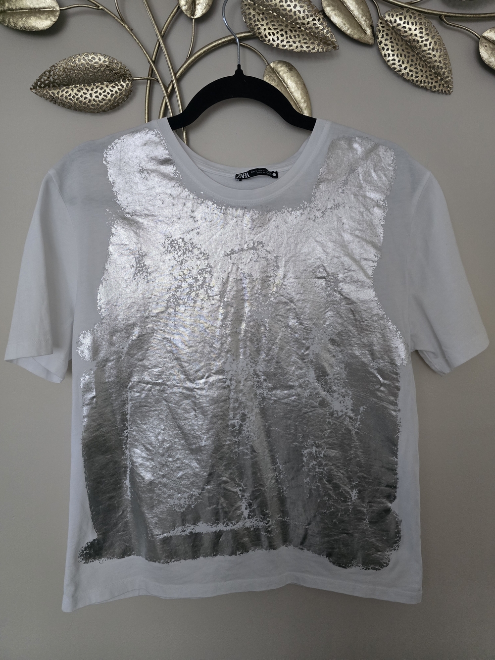 Zara White Tee with Silver Foil Panel Size S Oversized Cotton